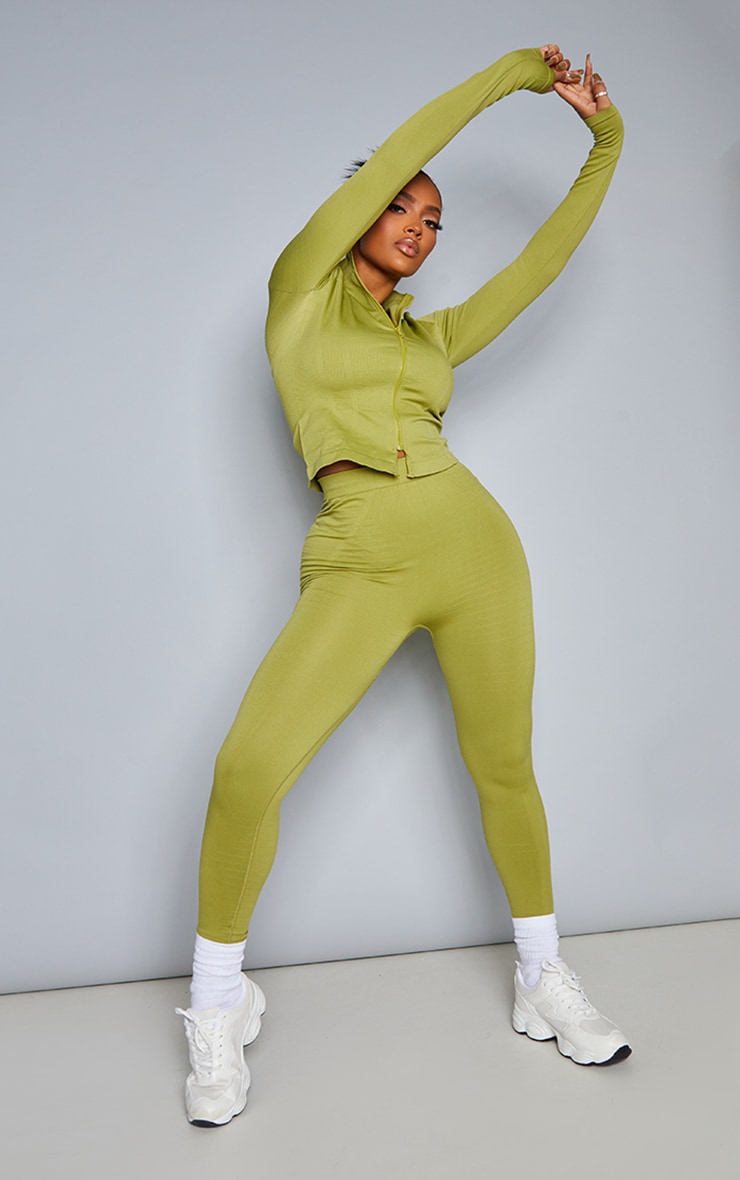 PRETTYLITTLETHING Shape Top de sport vert olive à double zip et logo image 3