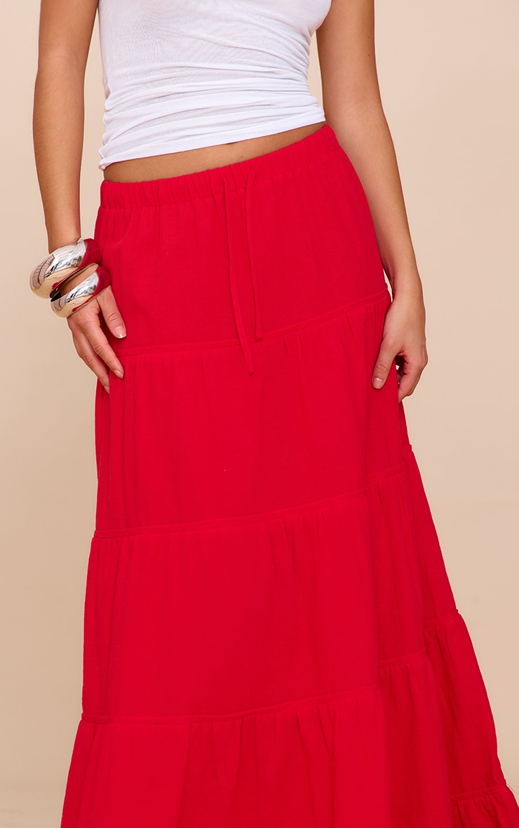 Tomato Red Tiered Drawstring Waist Maxi Skirt | Bottoms