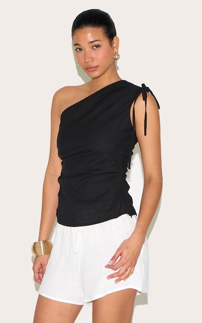 Top léger long asymétrique tissé noir froncé