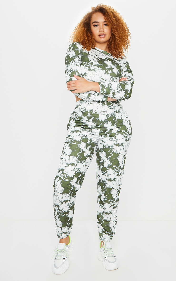 Plus Khaki Tie Dye Cropped Sweat And Jogger Set