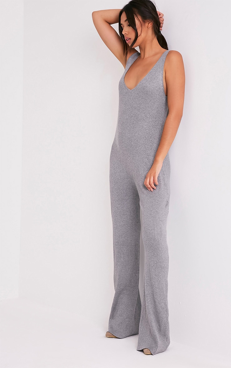 Kirstina Grey Ribbed Wide Leg Knitted Jumpsuit Knitwear