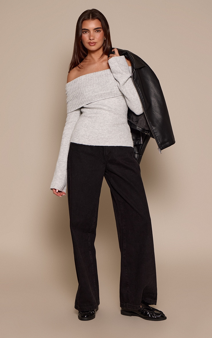 Light Grey Foldover Bardot Knitted Sweater  image 3