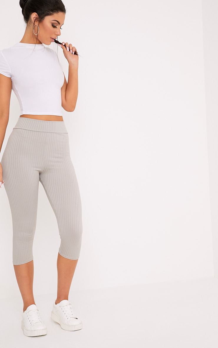 Harlie Grey Cropped Ribbed High Waisted Leggings PrettyLittleThing
