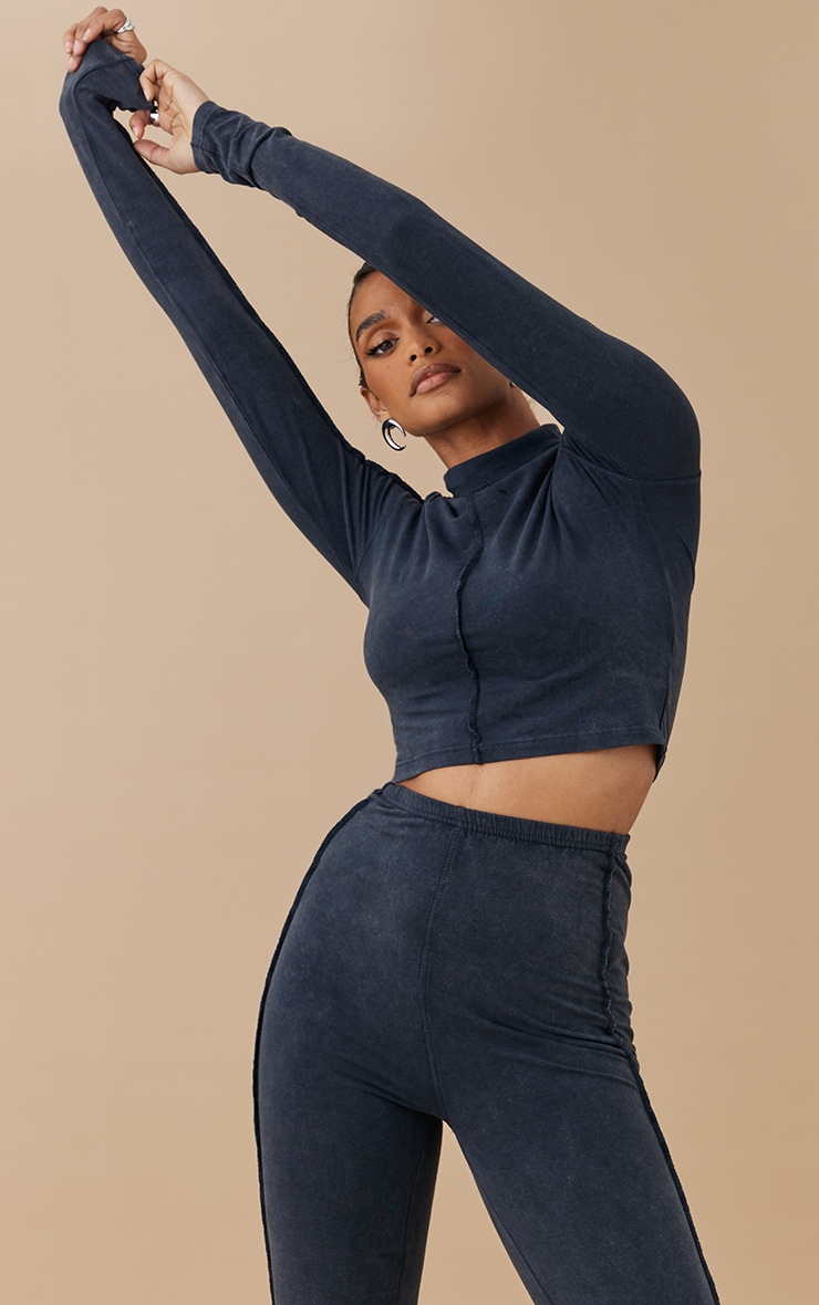 Charcoal Washed High Neck Exposed Seam Detail Long Sleeve Top