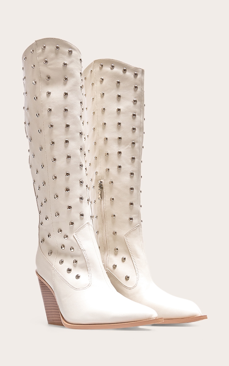 Cream PU Point Toe Silver Stud Knee High Block Heel Western Boots image 2
