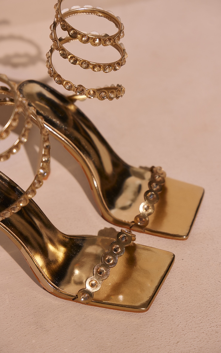 Gold Pu Square Toe Metallic Crystal Spiral Heeled Sandals image 4