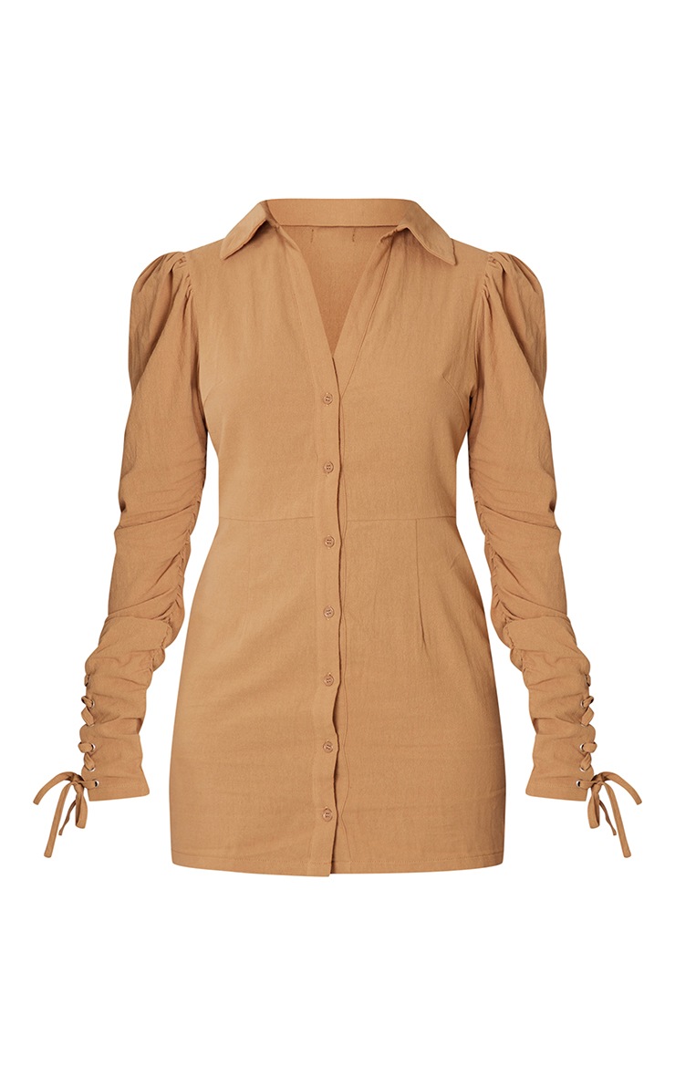 Camel Textured Ruched Lace Up Sleeve Detail Shirt Dress image 5