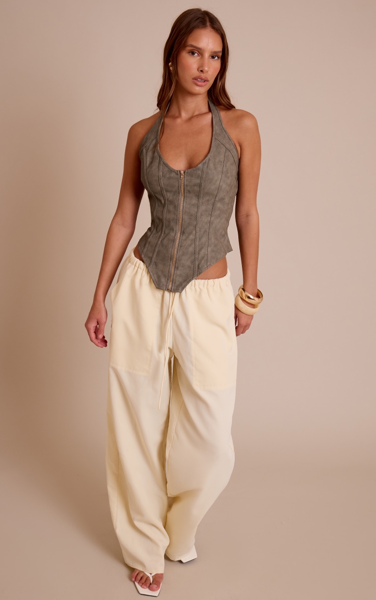 Olive Textured Faux Leather Boned Dip Hem Corset image 3
