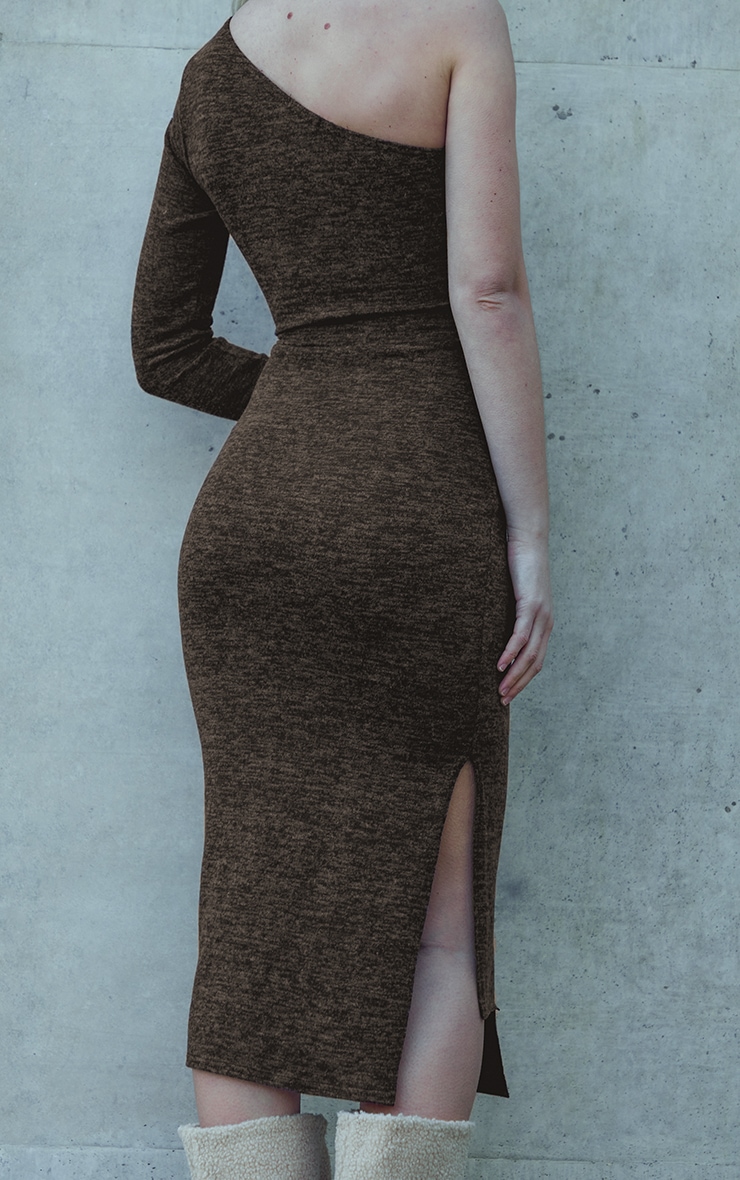 Chocolate Brushed Marl Jersey One Shoulder Midaxi Dress image 4