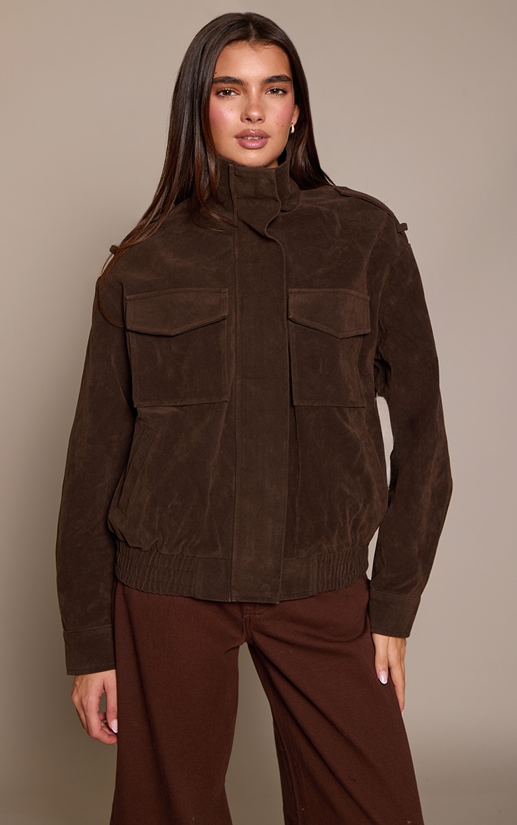 Chocolate Funnel Neck Pocket Detail Faux Suede Bomber