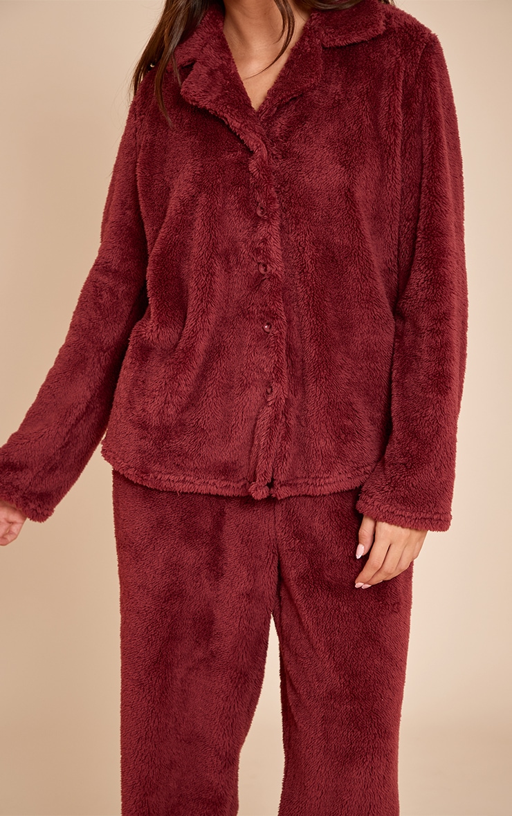 Burgundy Button Up Fleece Pajama Set image 4