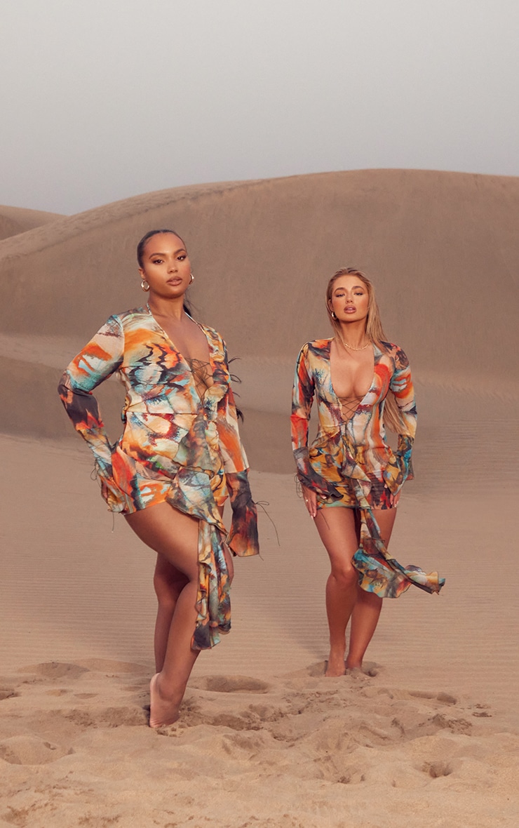 Blue Butterfly Print Chiffon Lace Up Beach Dress image 2