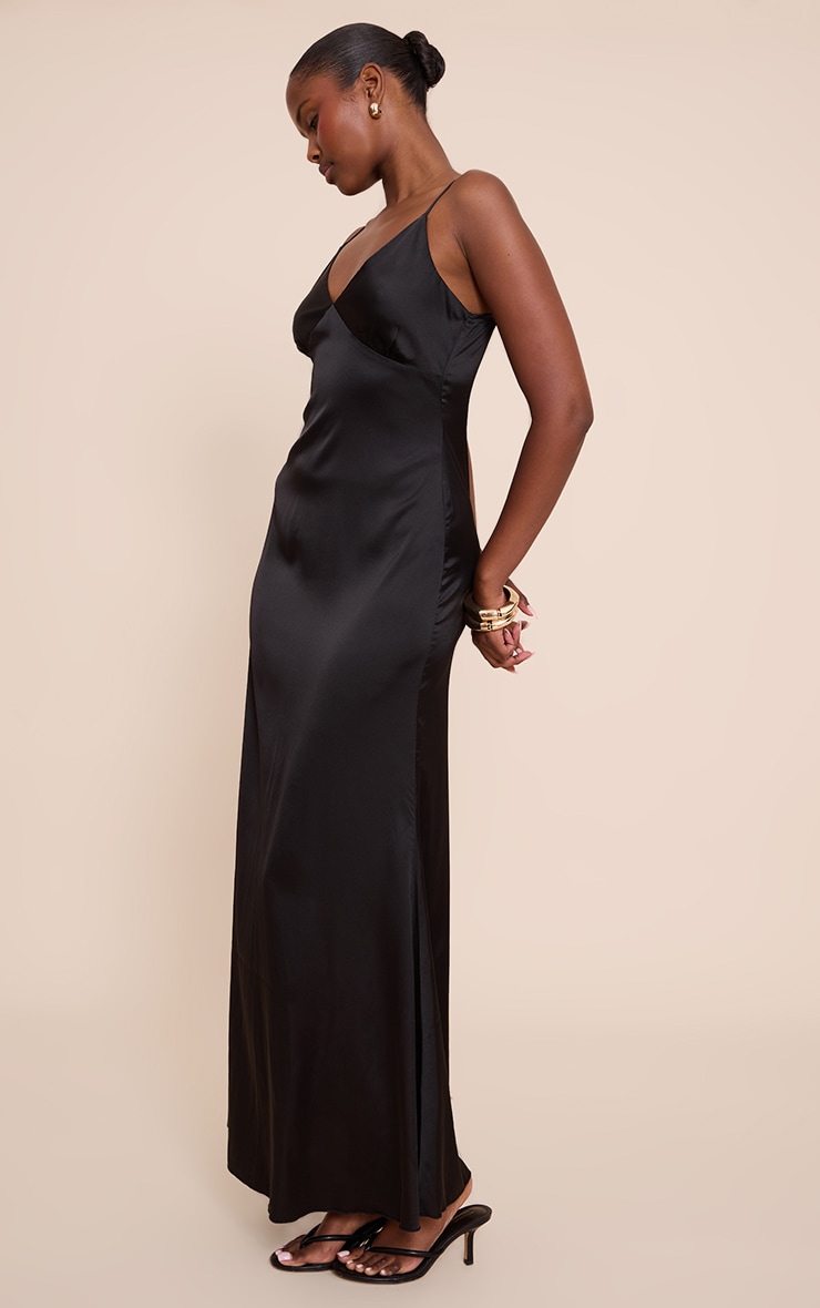 Black Satin Strappy Maxi Dress image 3