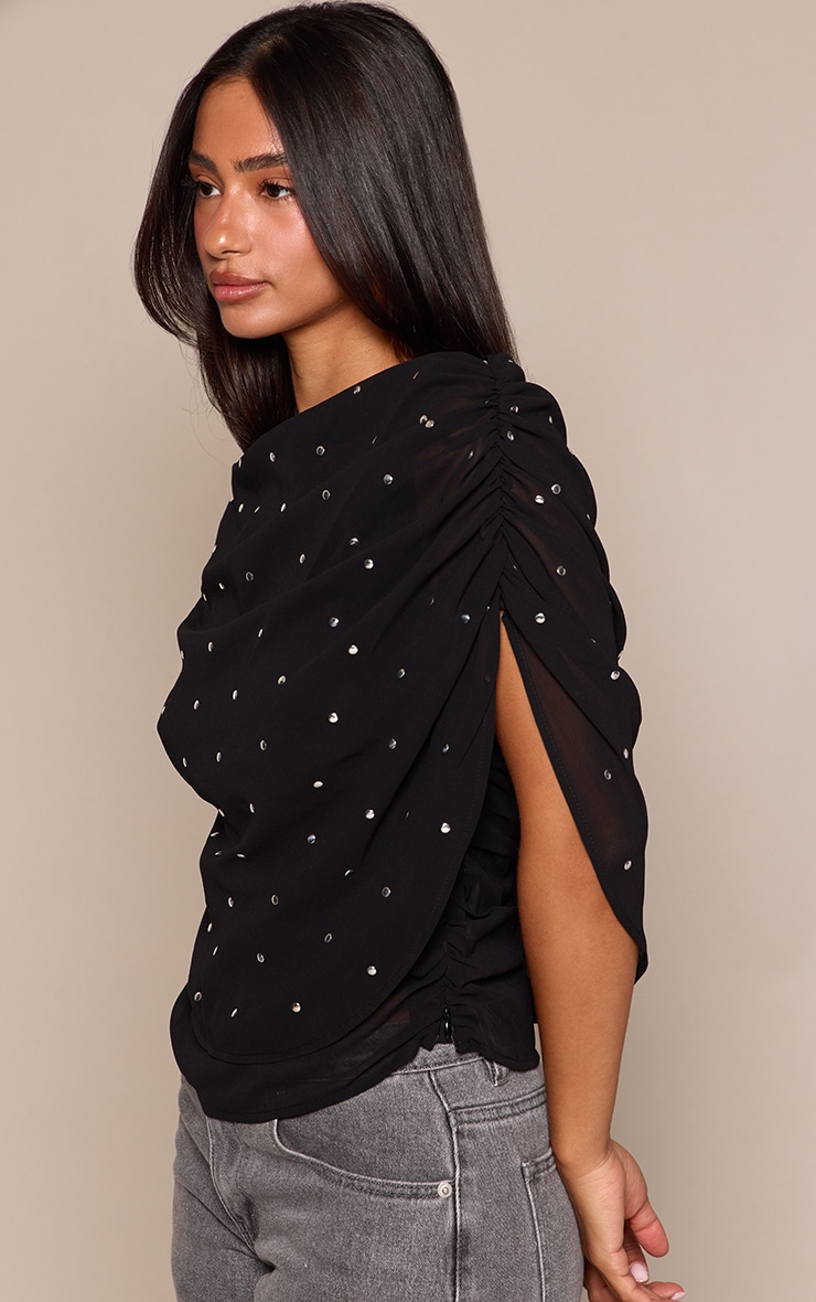 Petite Black Stud Detail Ruched Cape Top image 4