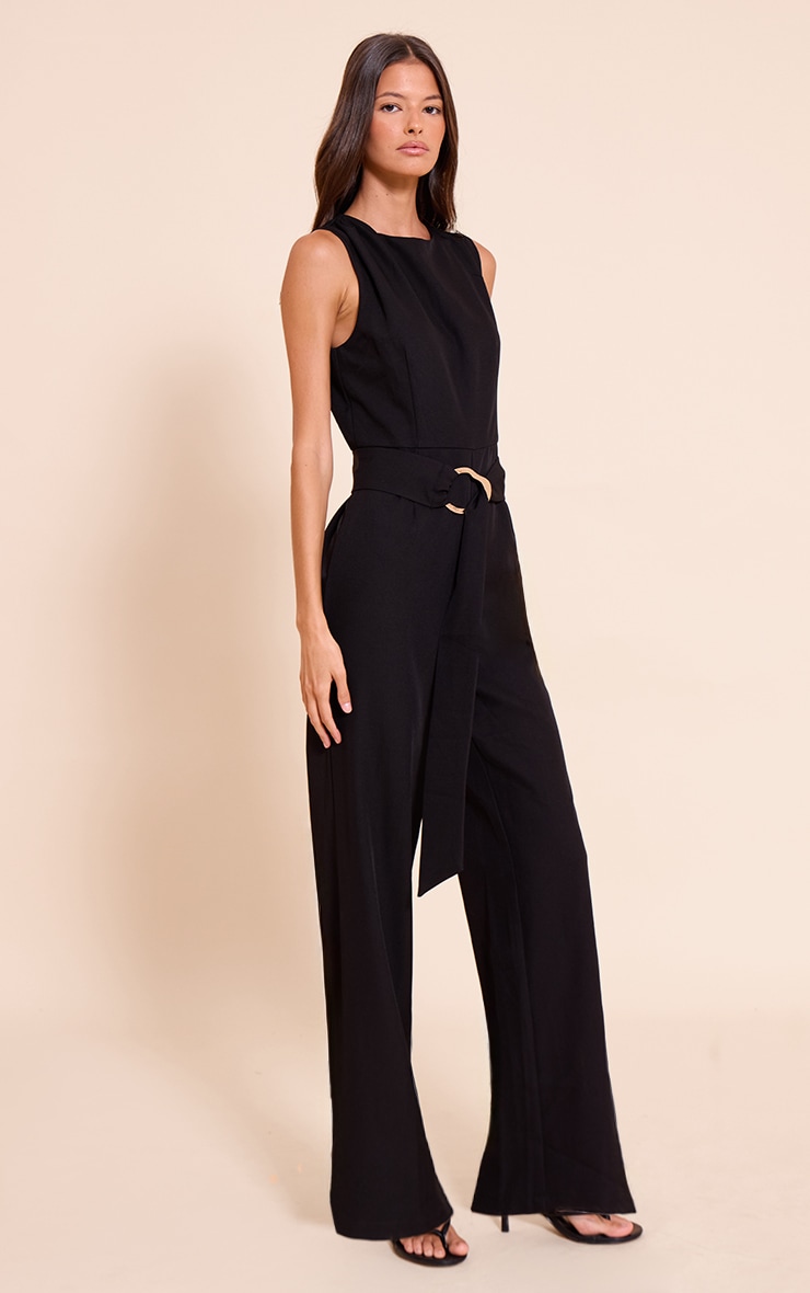 Black Woven Crew Neck Belt Wide Leg Jumpsuit image 3