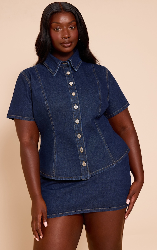 Plus Indigo Denim Button Up Short Sleeve Shirt