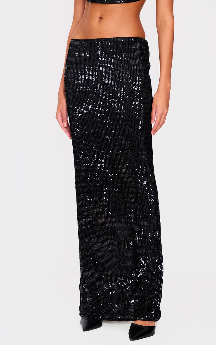 Black Sequin Mid Rise Maxi Skirt image 2