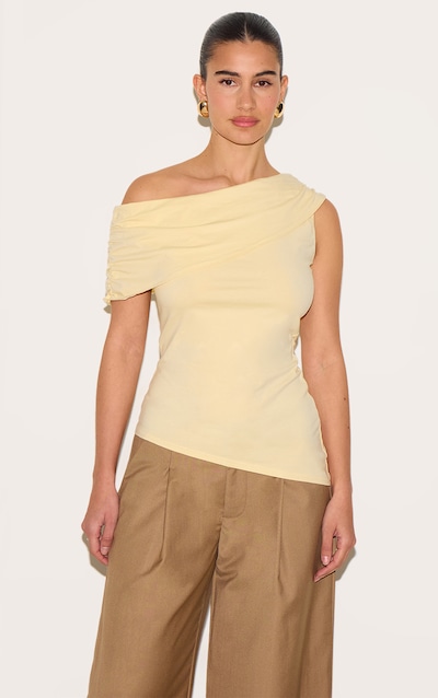 Almond Fold Over Cotton Asymmetric Hem Long Top