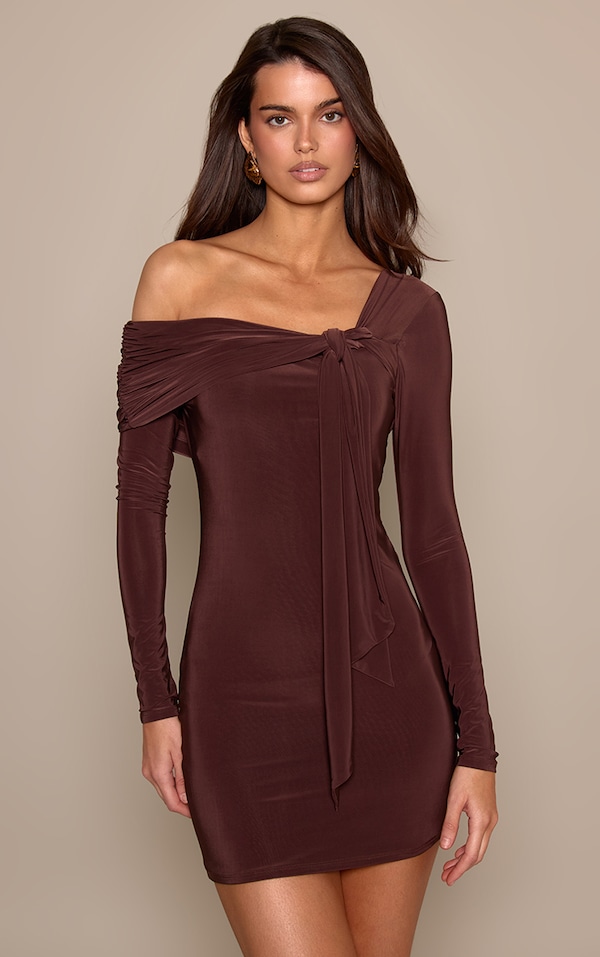 Chocolate Double Layer Slinky Asymmetric Knot Detail Mini Dress