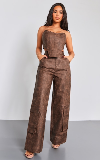 Petite Washed Brown Faux Leather Pocket Detail Trousers