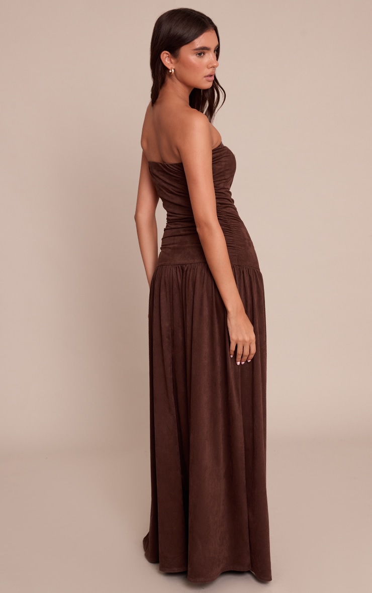 Chocolate Faux Suede Bandeau Dropped Waist Maxi Dress image 2