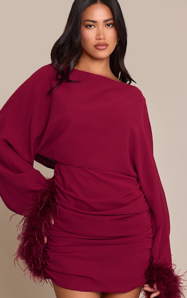 Wine Extreme Feather Cuff Ruched Bodycon Dress