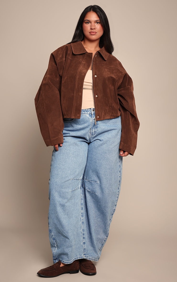 Plus Chocolate Faux Suede Covered Placket Bomber Jacket image 3