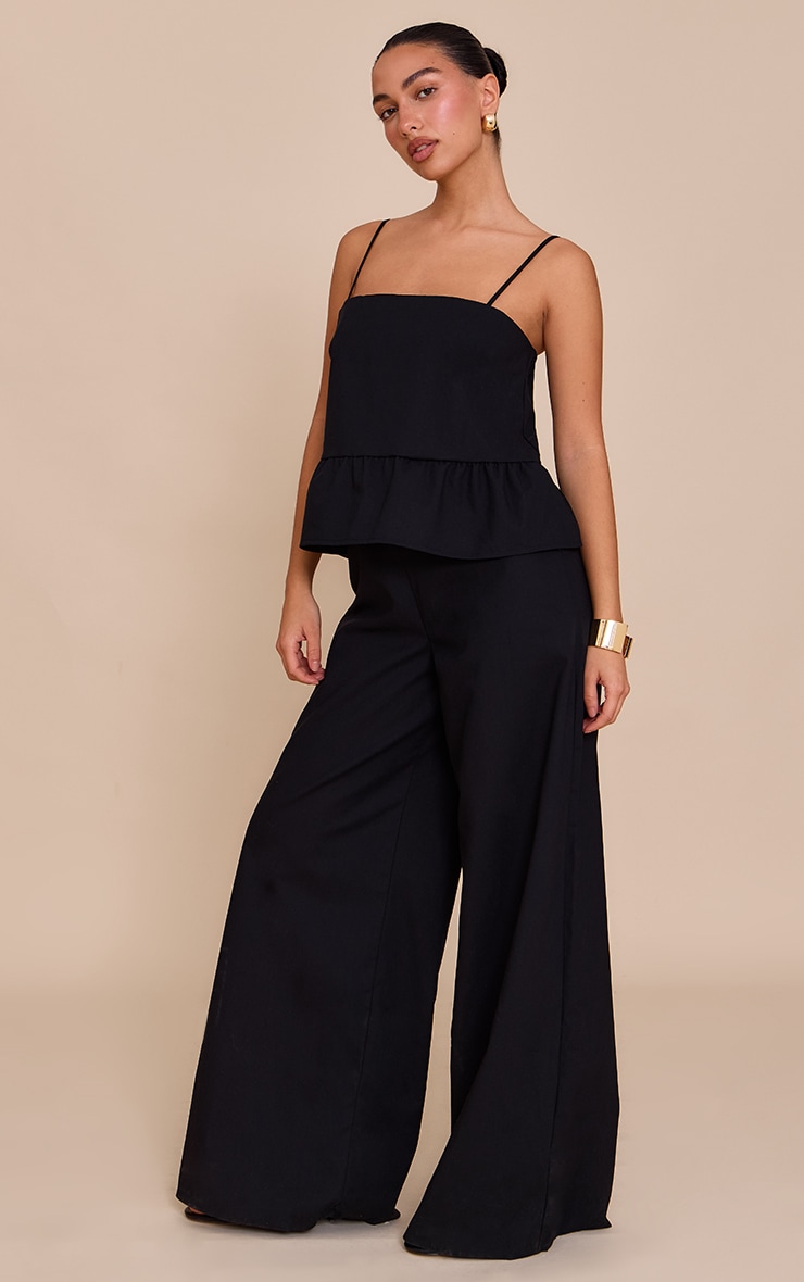Black Linen Blend Peplum Detail Overlay Jumpsuit image 3