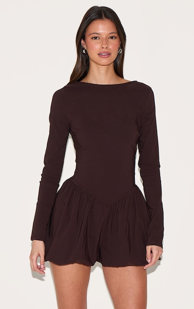 Combishort jupe-short bouffant tissé stretch marron chocolat à col montant