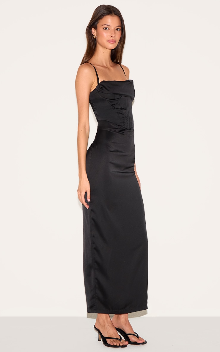 Black Strappy Satin Corset Drape Detail Midaxi Dress image 3