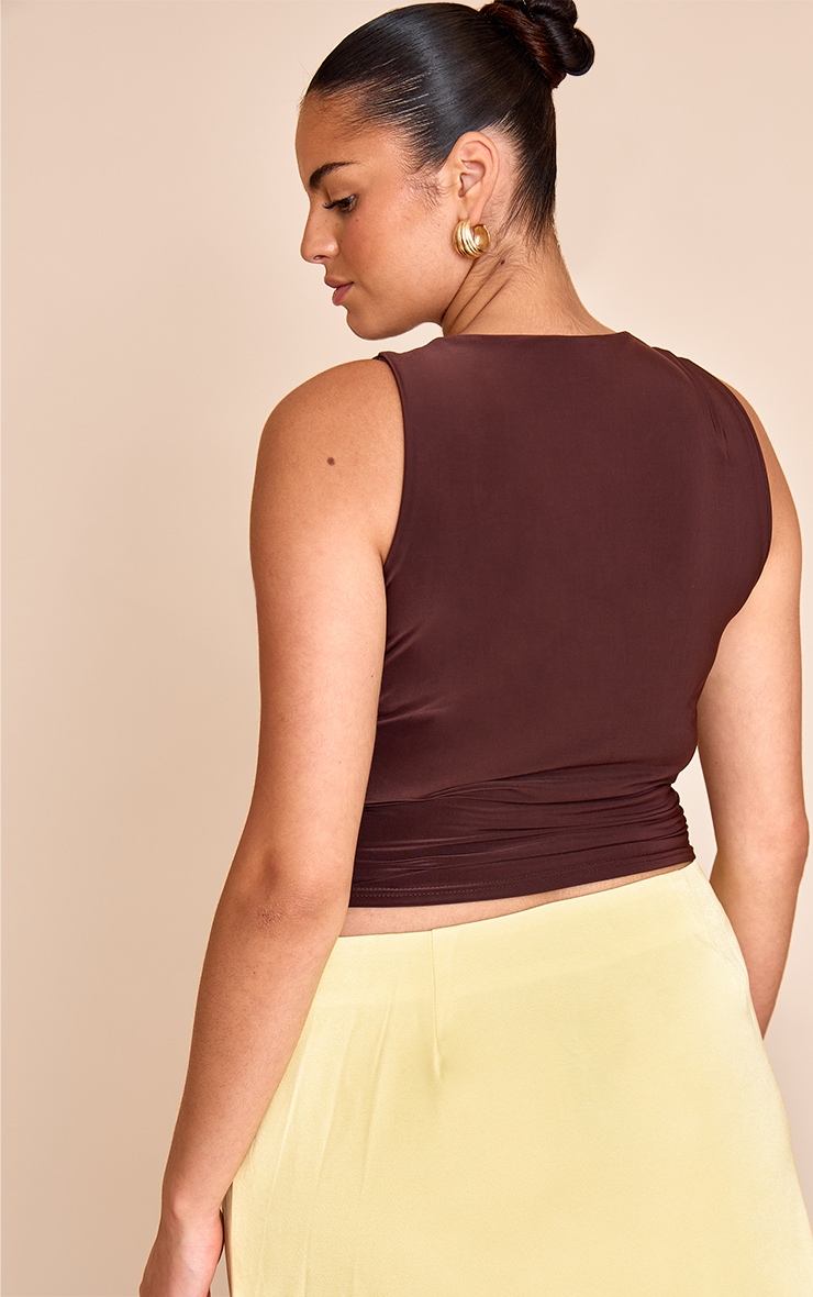 Plus Deep Chocolate Double Layer Slinky Trim Detail Long Vest Top image 2