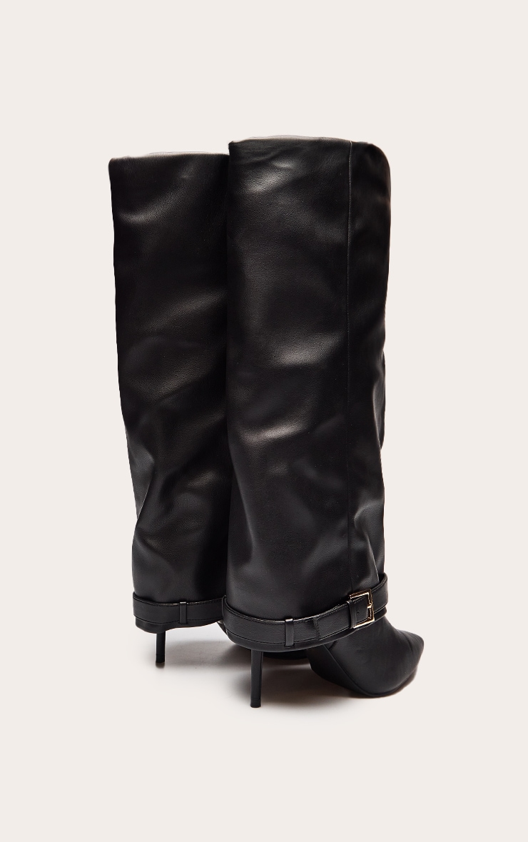 Black Fold Over Buckle Detail Knee High Heeled Boot image 4