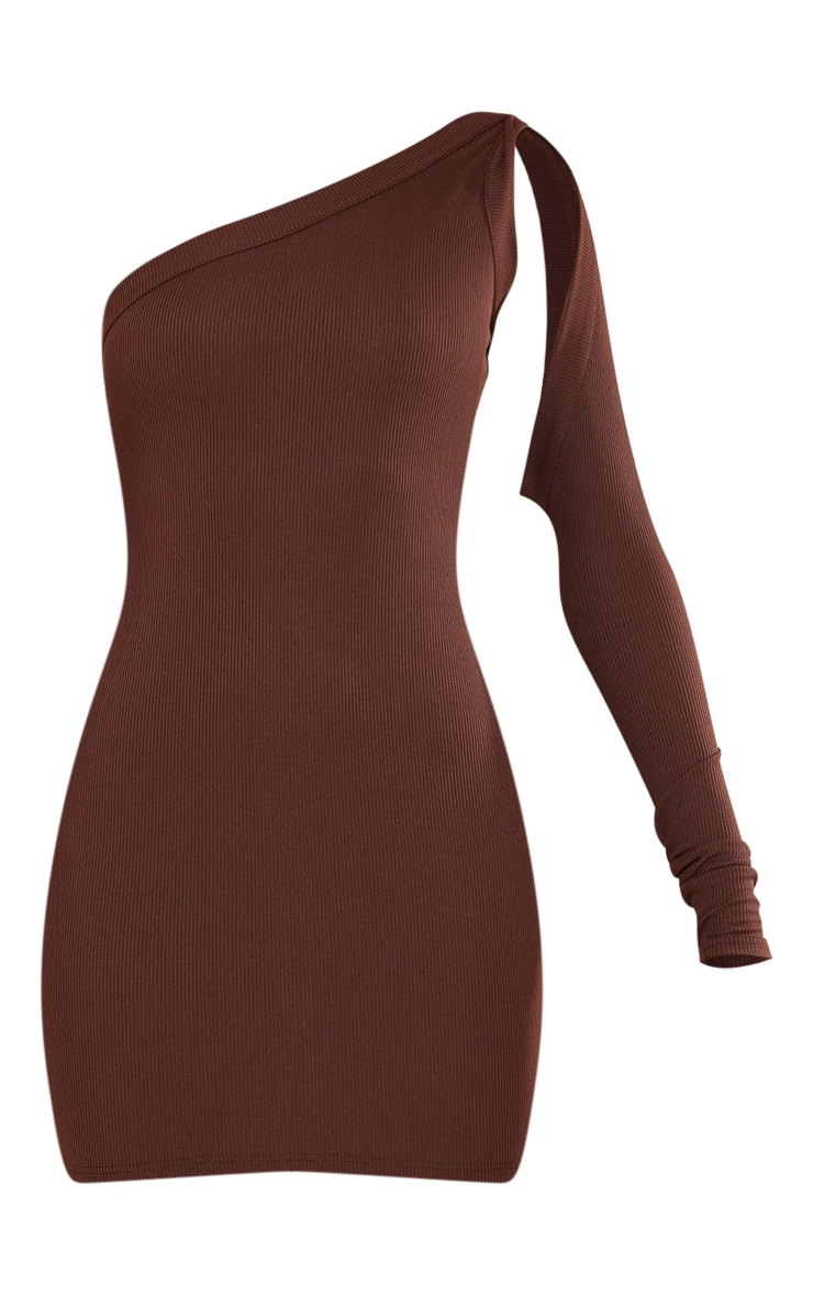 Chocolate Brown Rib One Sleeve Bodycon Dress image 2