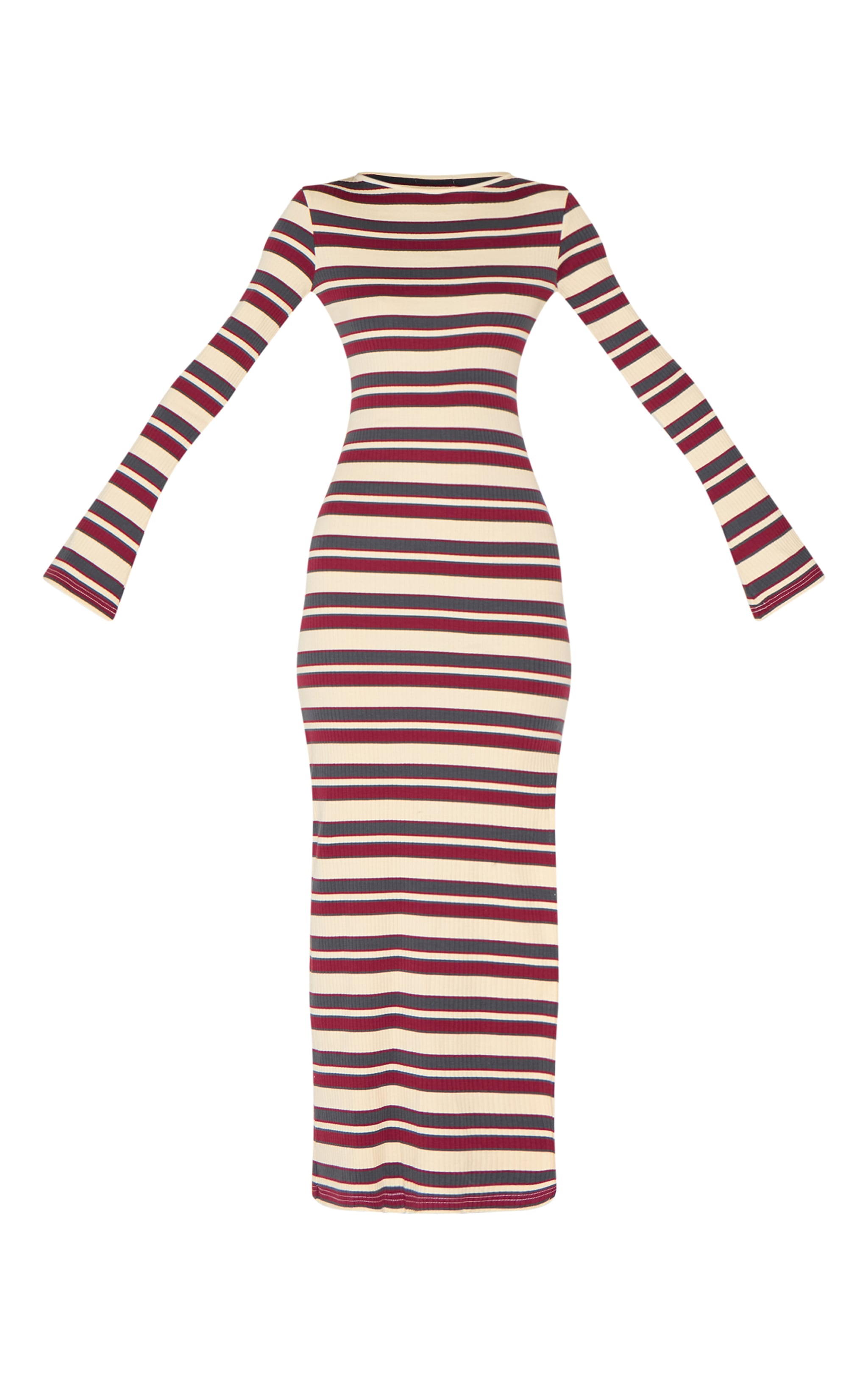Burgundy Striped Boat Neck Long Sleeve Bodycon Dress image 5