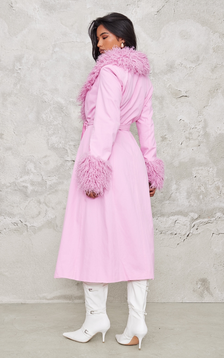 Pink Faux Fur Contrast Collar Self Tie Maxi Coat image 2