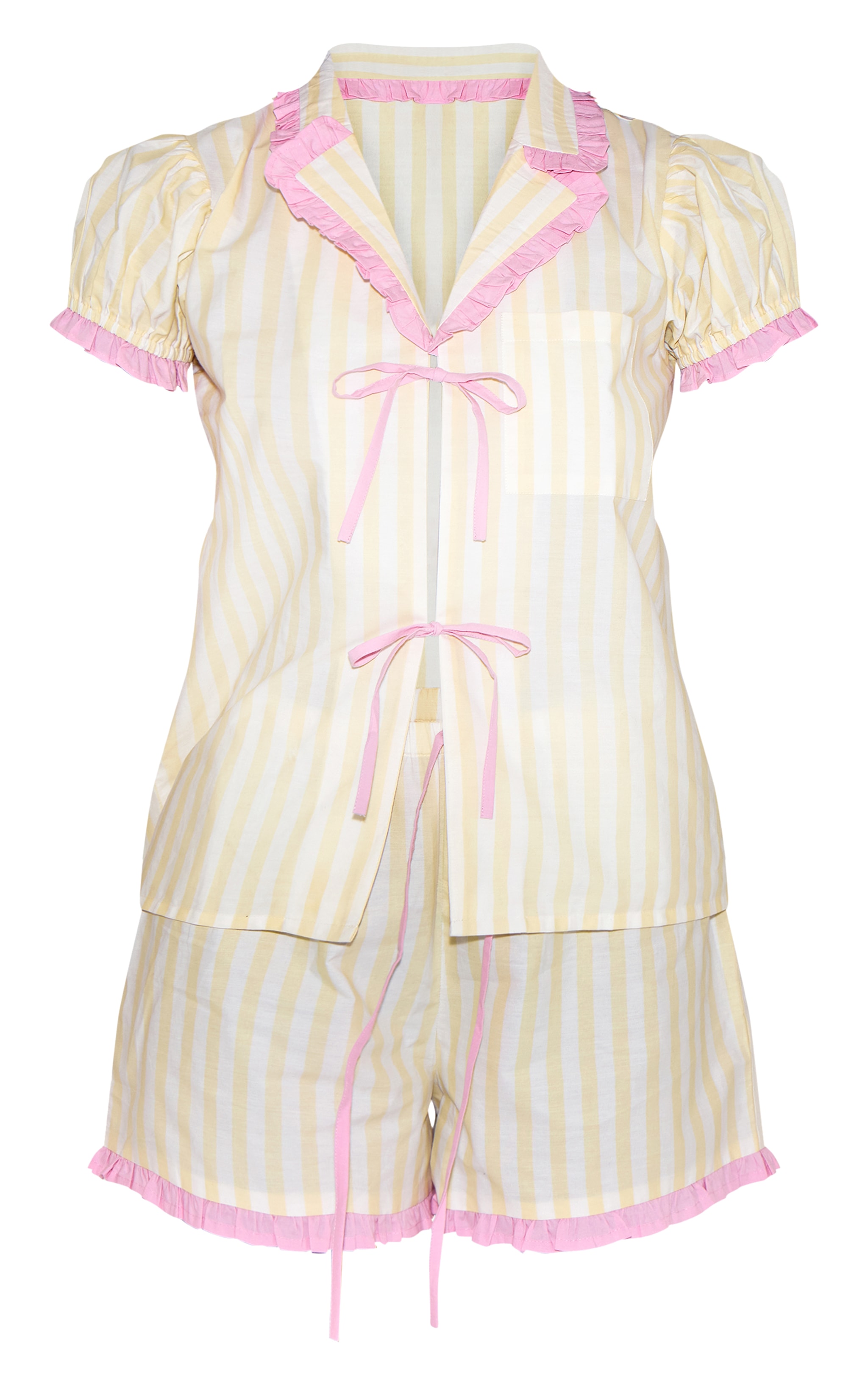 Lemon Tie Front Frill Collar Detail Stripe Short Pj Set image 5
