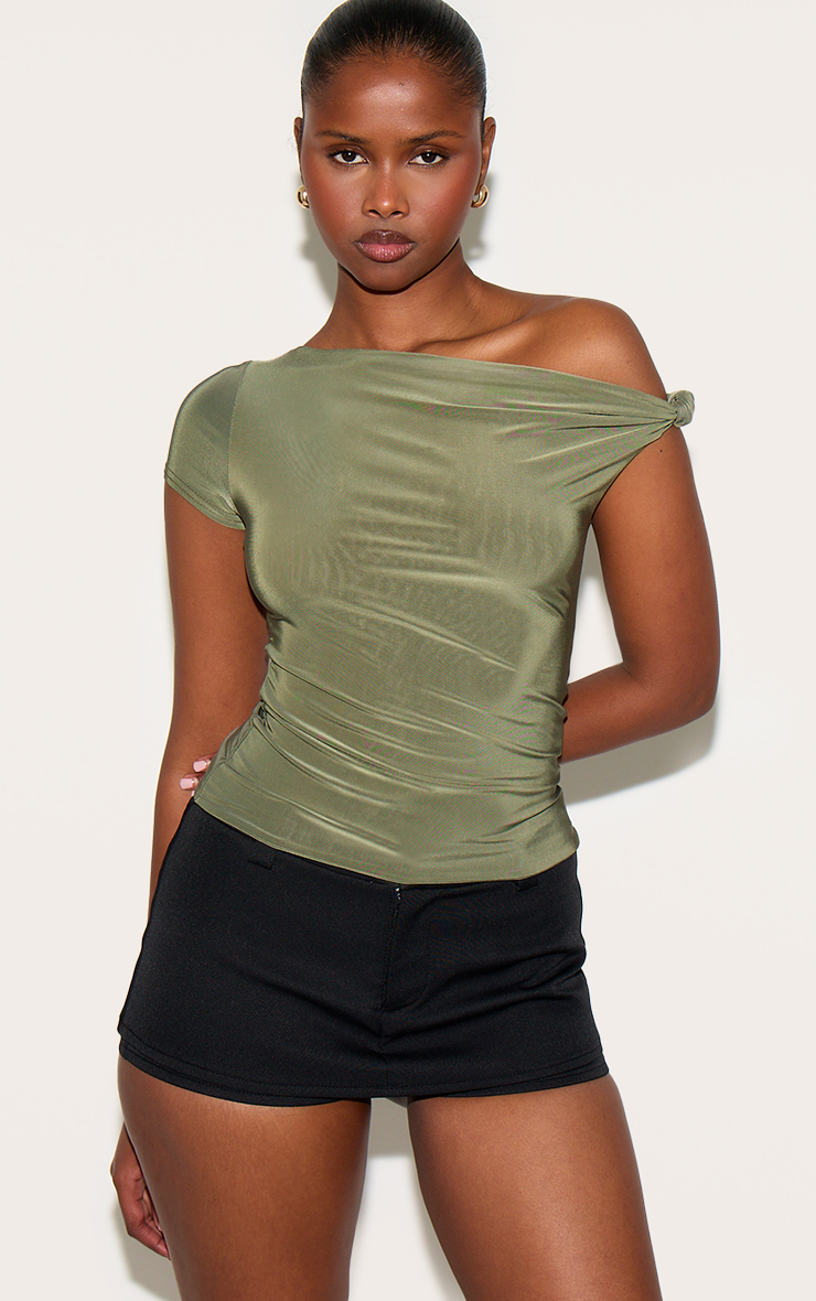 Sage Green Double Layer Slinky Asymmetric Knot Detail Long Top image 1