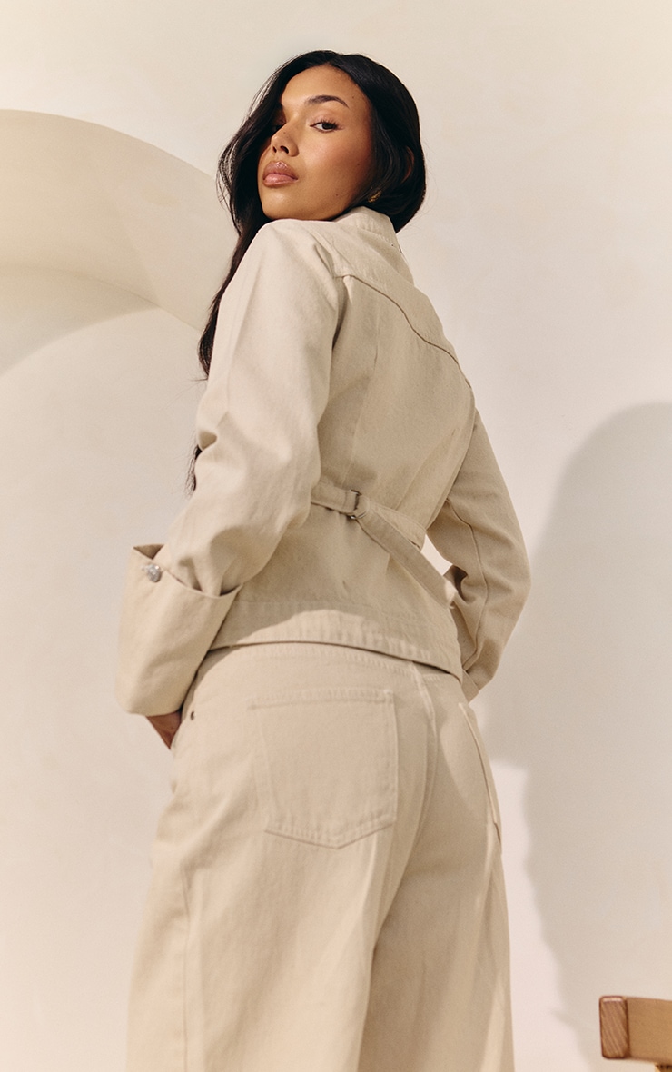 Ecru Turn Up Cuff Cinched Back Denim Jacket image 2