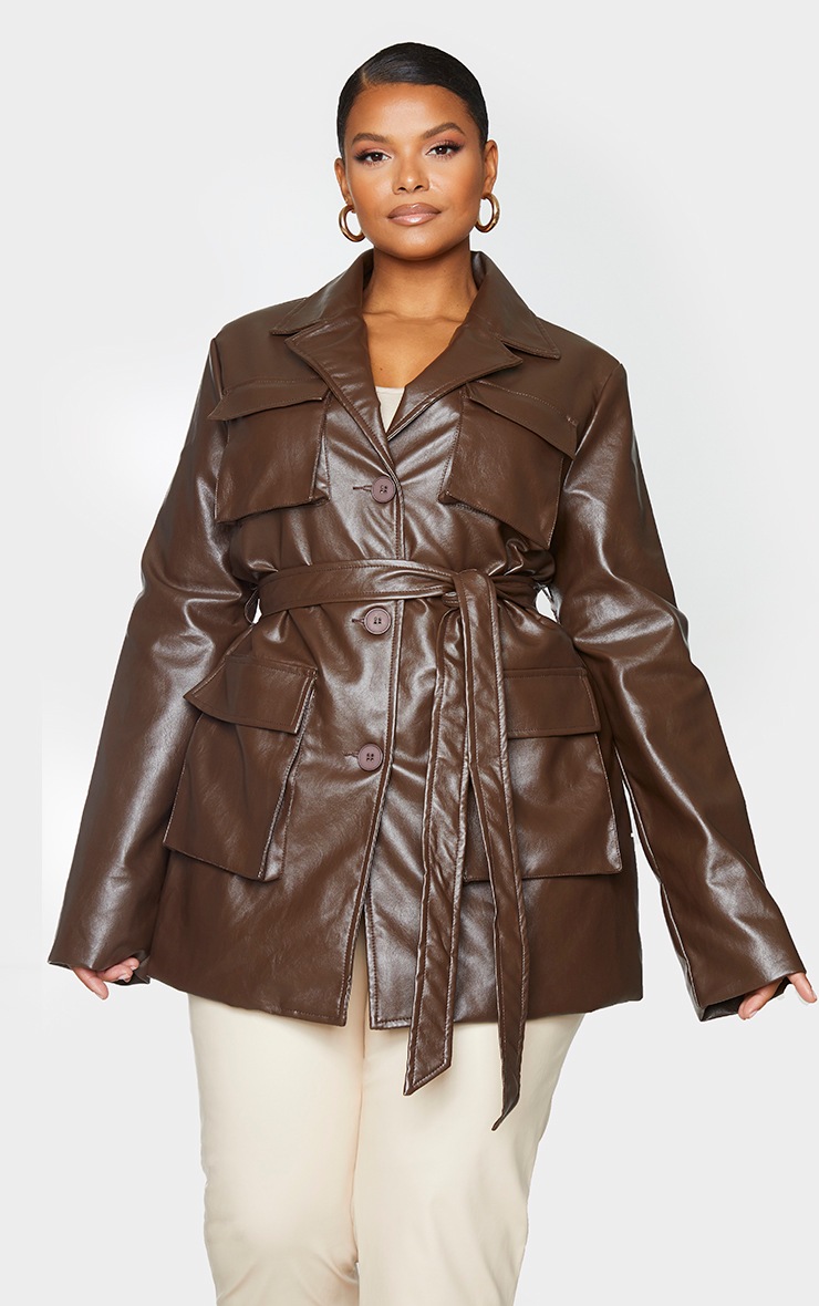 Plus Chocolate Brown PU Longline Pocket Front Jacket