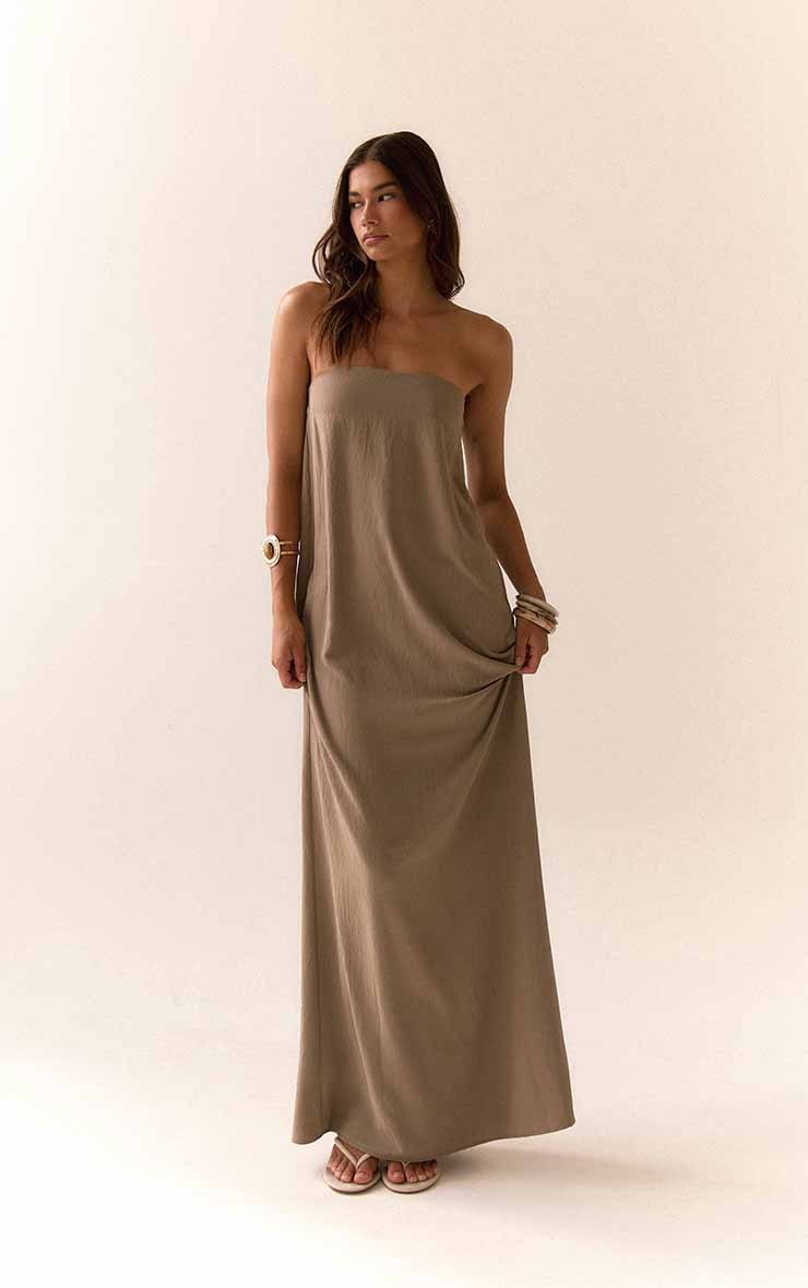 Robe bustier longue fluide tissée gris champignon image 1