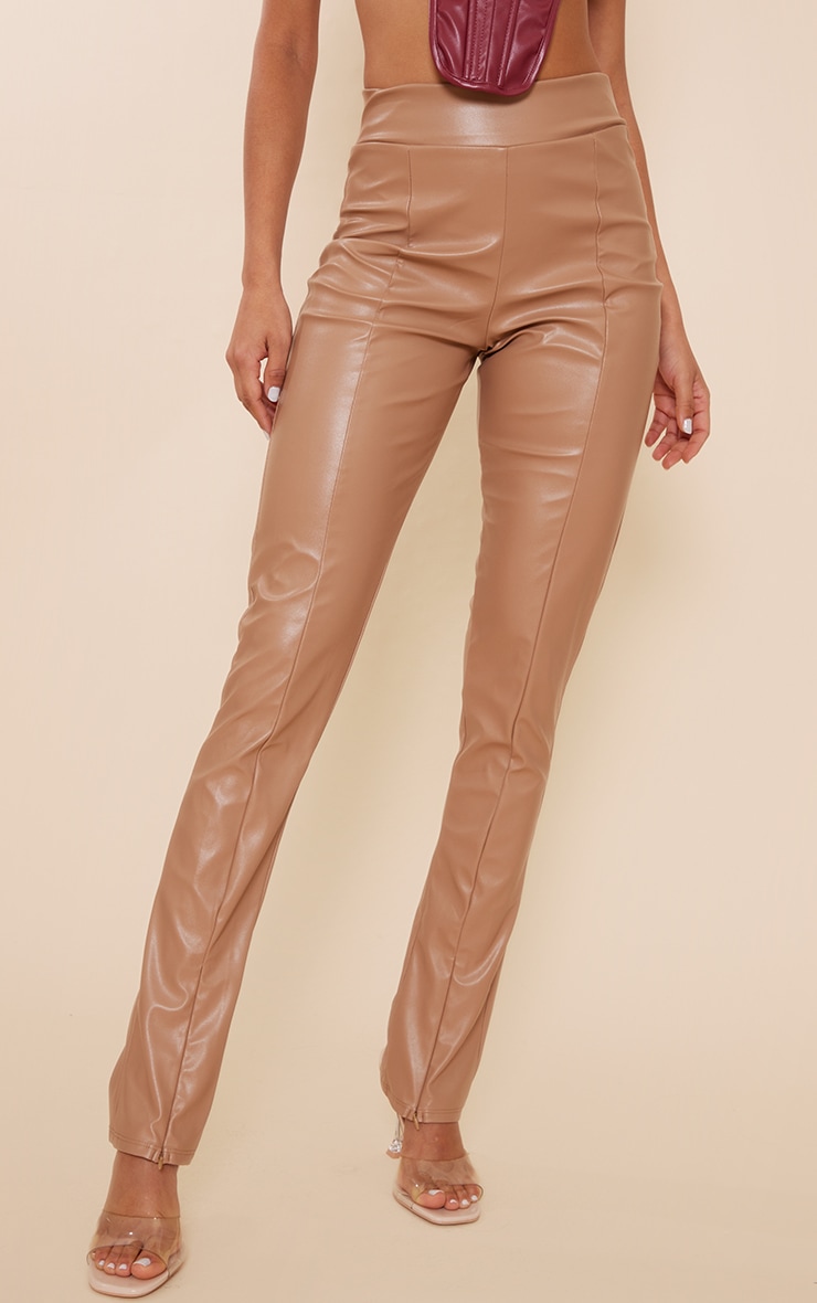 Stone Faux Leather High Waisted Seam Detail Split Hem Trousers image 2