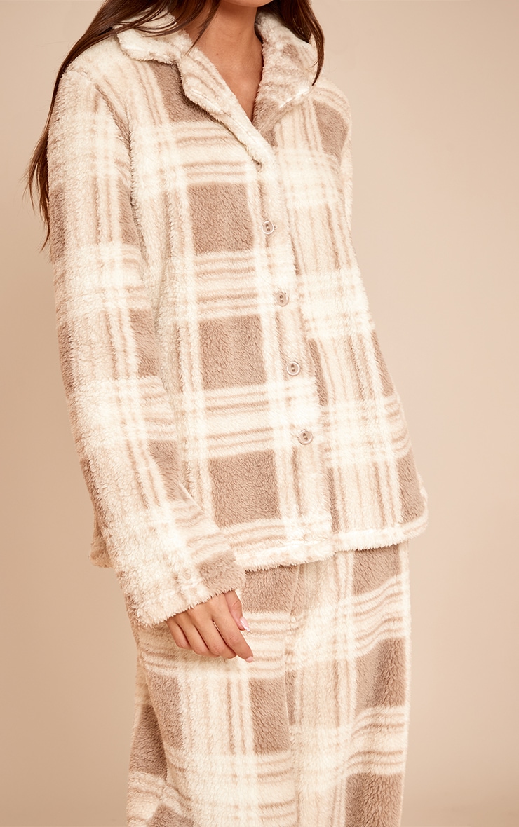 Taupe Check Button Up Fleece Pyjama Set image 4