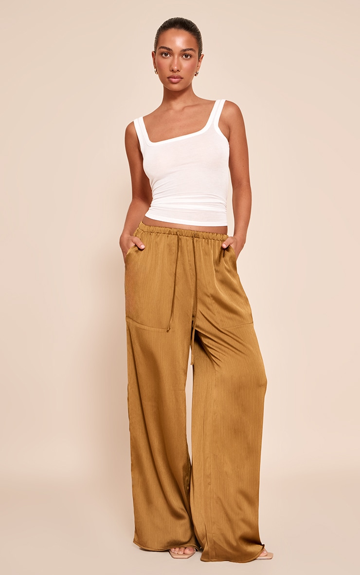 Dark Chartreuse Textured Satin Low Rise Wide Leg Drawstring Pants image 1