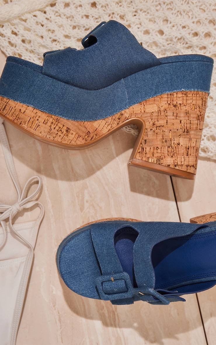 Denim Upper Wooden Sole Chunky Buckle Platform Sandals image 2