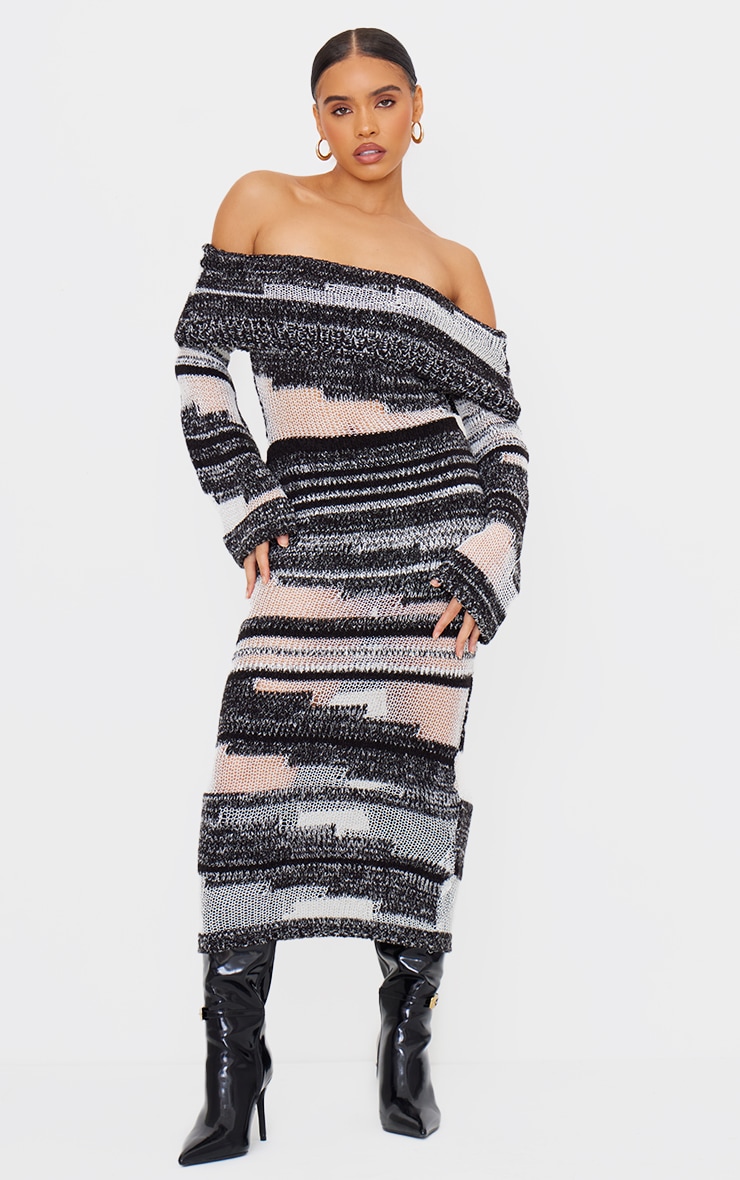 Monochrome Contrast Textured Knit Foldover Bardot Maxi Dress image 1