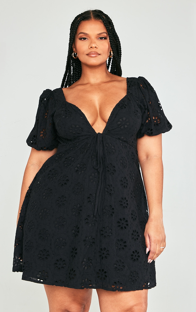 Plus Black Broderie Anglaise Puff Sleeve Shift Dress