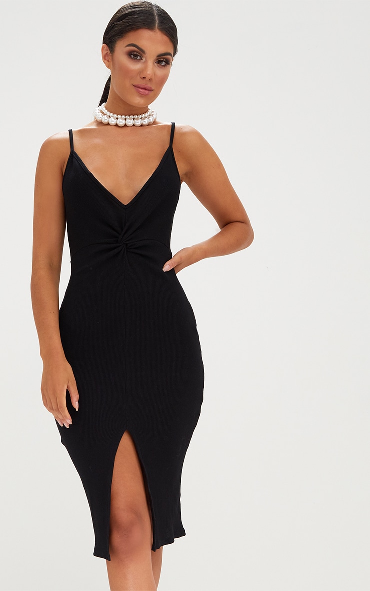 Black Ribbed Twist Front Midi Dress. Dresses PrettyLittleThing