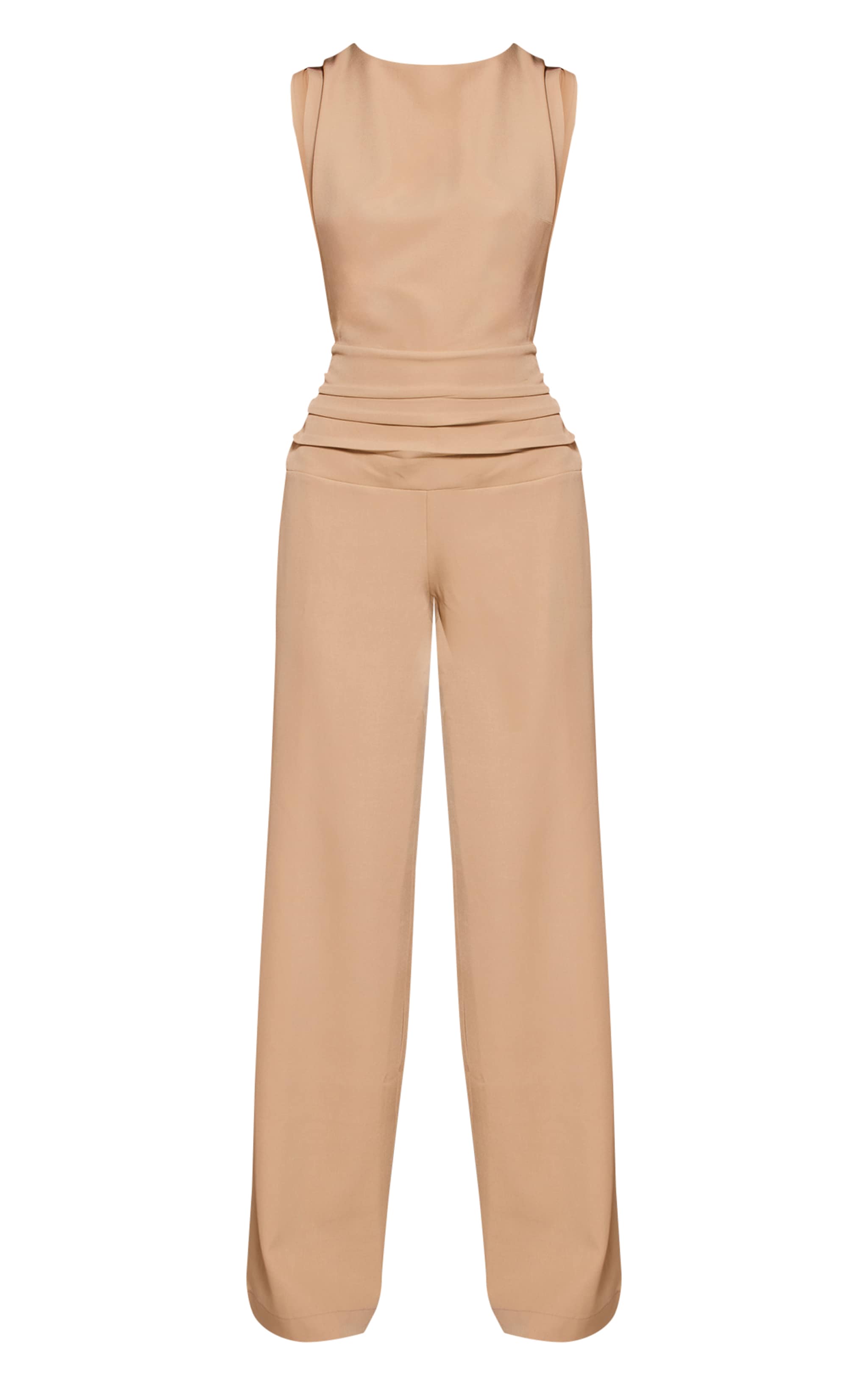 Khaki Woven Crew Neck Ruched Wide Leg Jumpsuit image 5