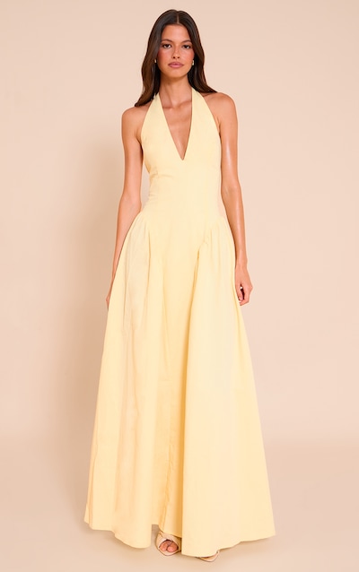 Lemon Woven Halterneck Plunge Midaxi Dress