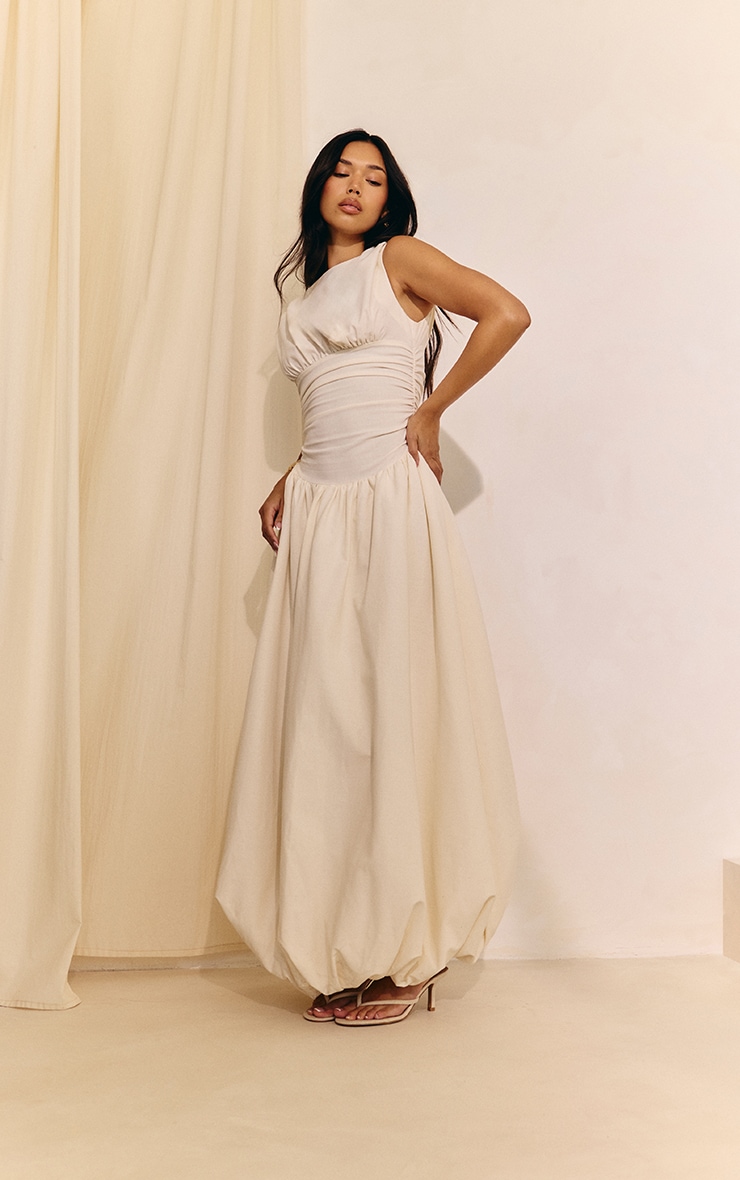 Cream Boat Neck Ruched Detail Puffball Maxi Dress image 3